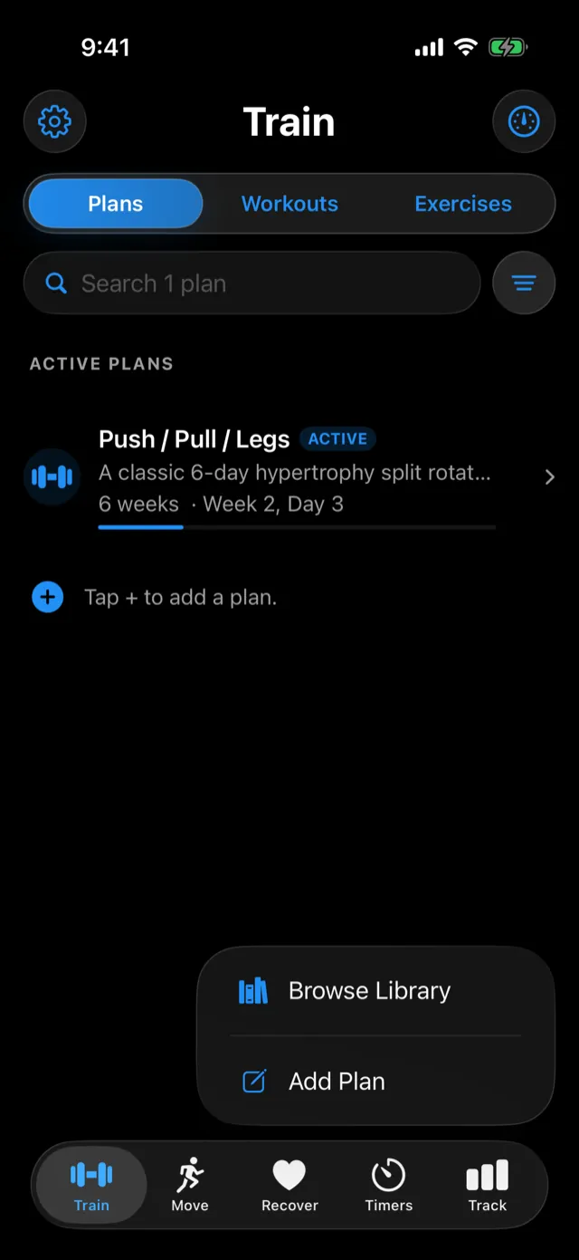 The + menu on the Plans tab: Browse Library or Add Plan.