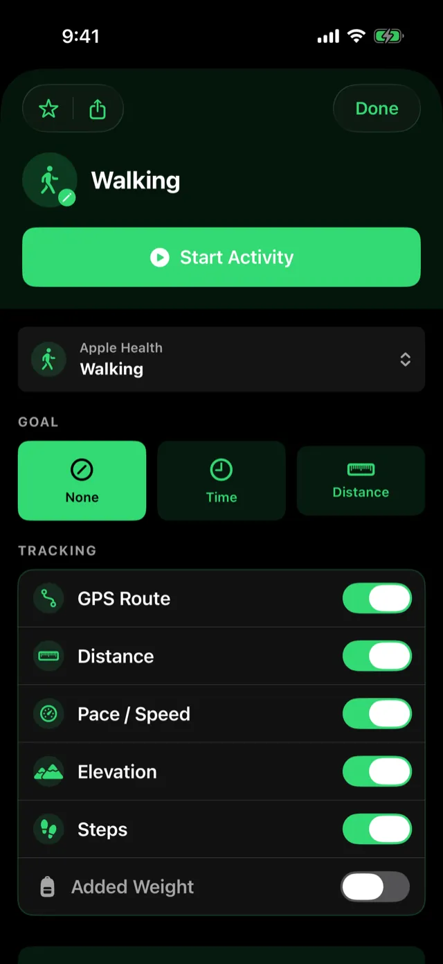 The activity editor with a 6.2 mi distance goal set.