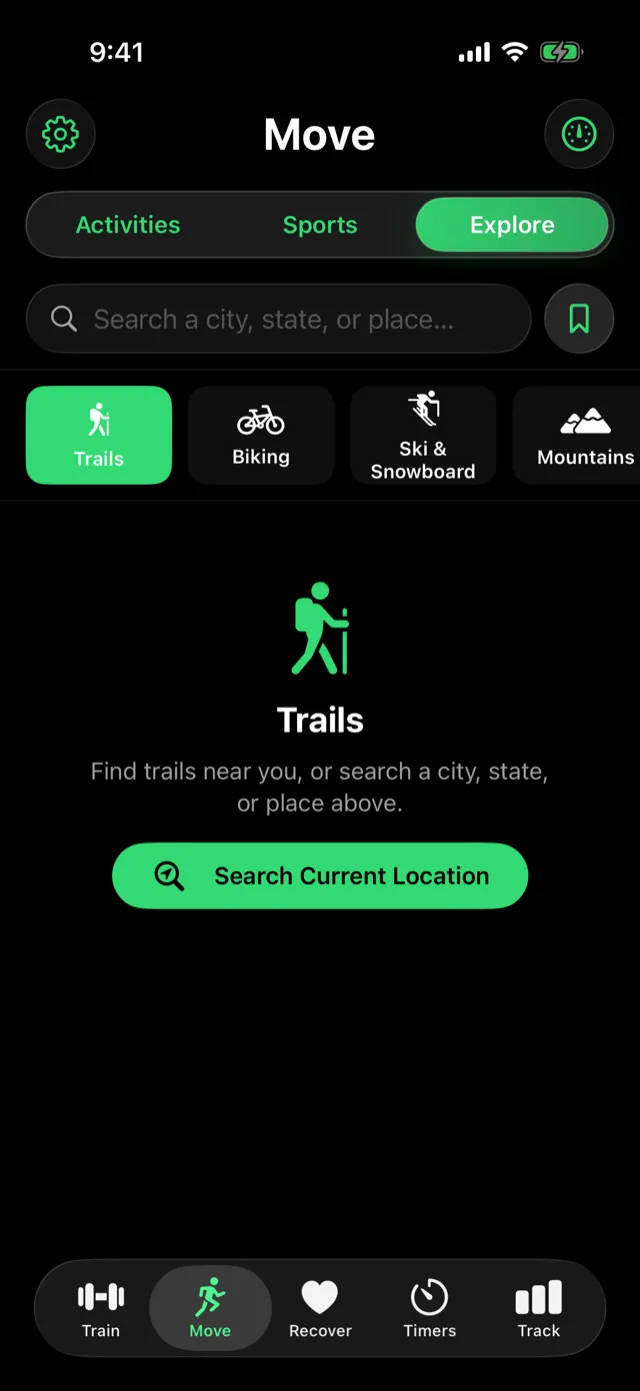 Explore before a search. The bookmark button opens Saved Places.
