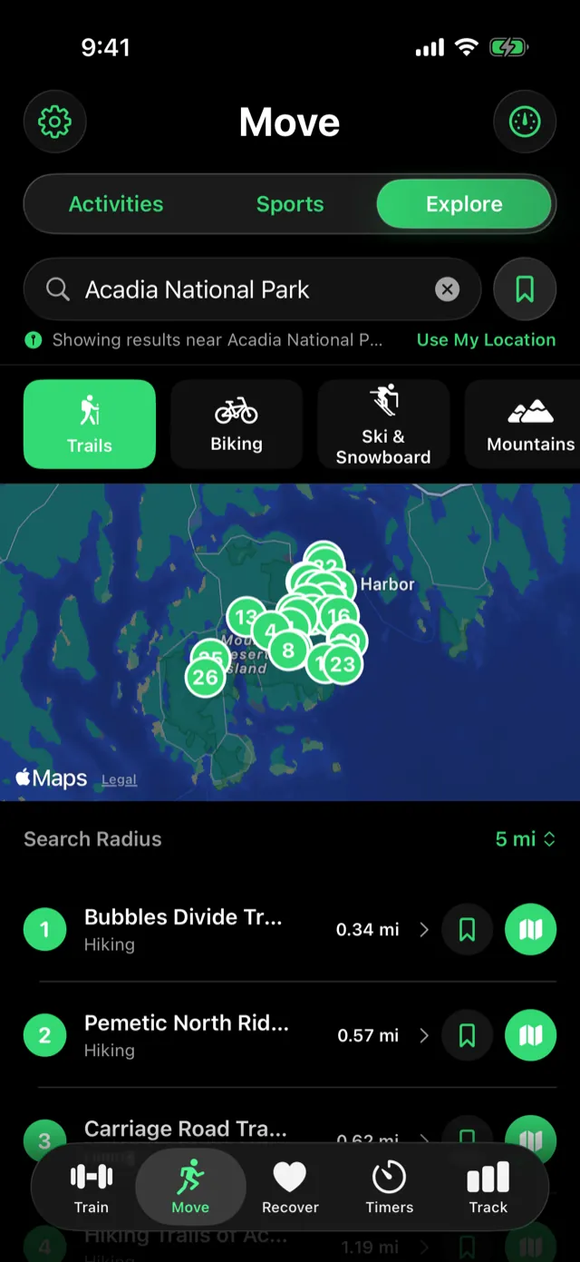 Results for Acadia National Park: numbered pins on the map and a list below.