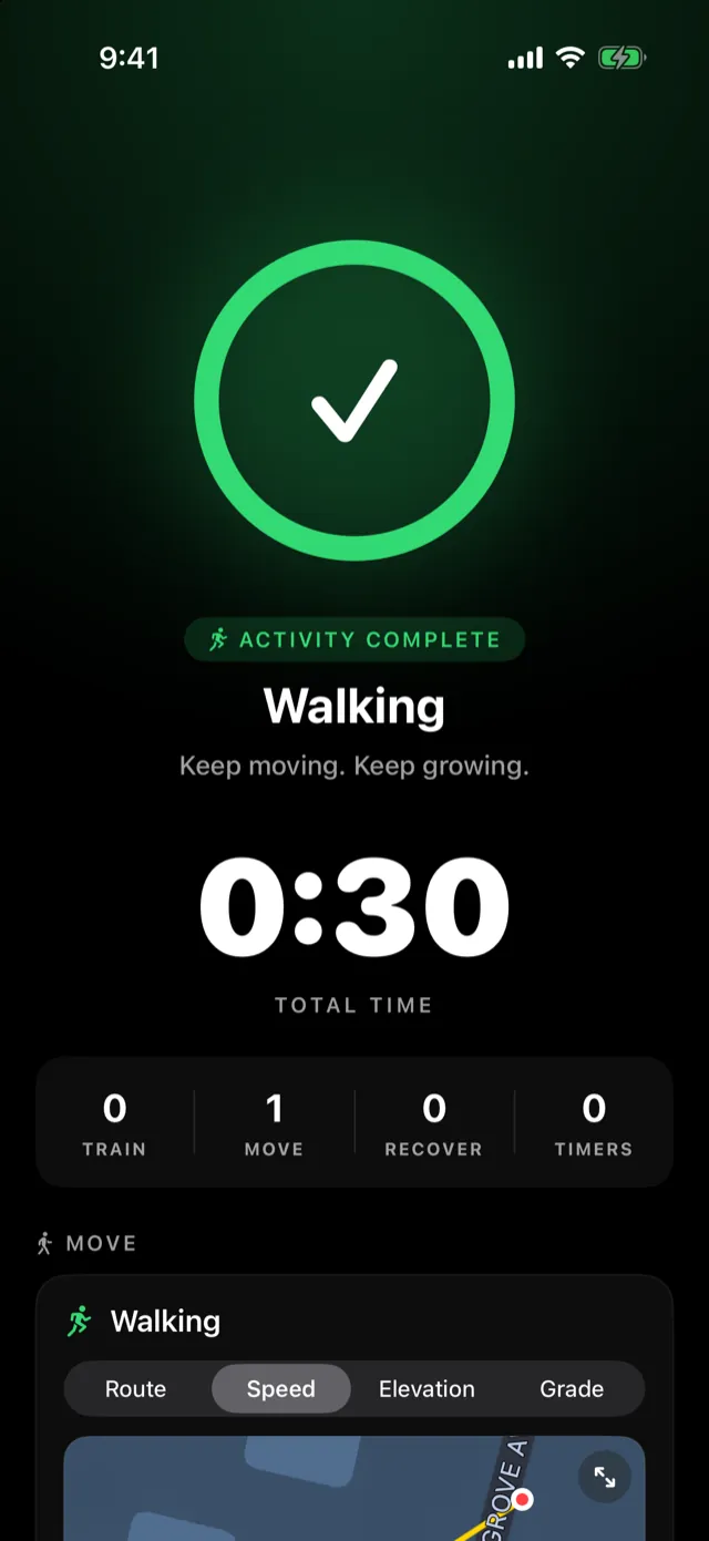 The summary: total time, then the activity card with its route.