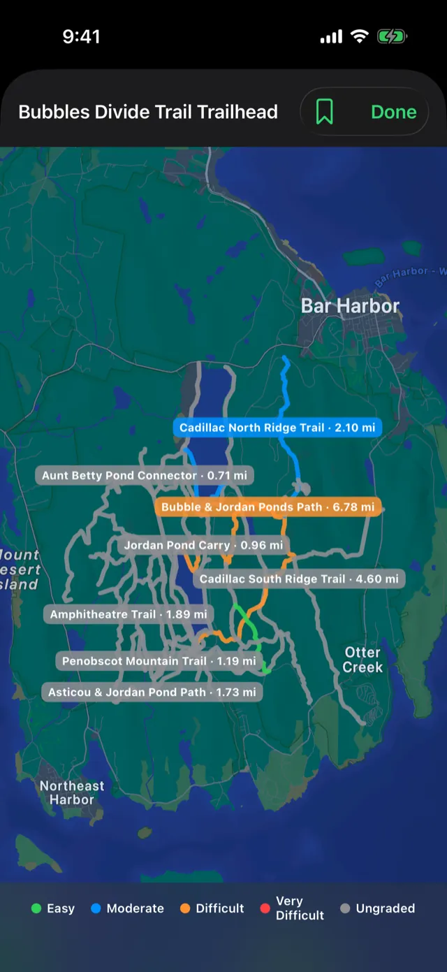 A trail map. Trails carry their name and length, colored by difficulty.