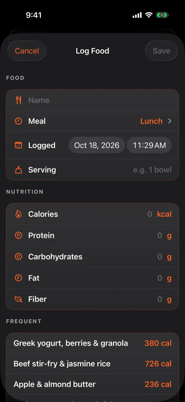Log Food. FREQUENT lists your recent foods for one-tap repeats.