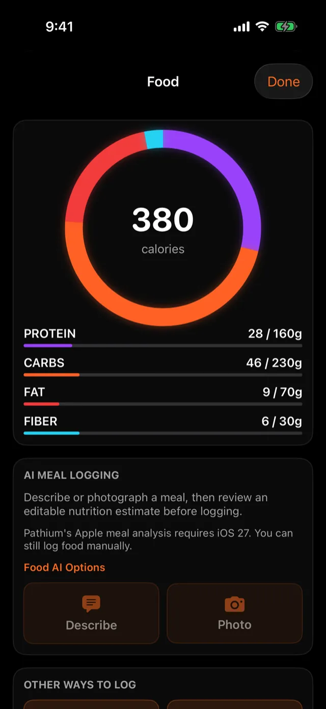 The Food screen: today's calories and macros, then AI Meal Logging.