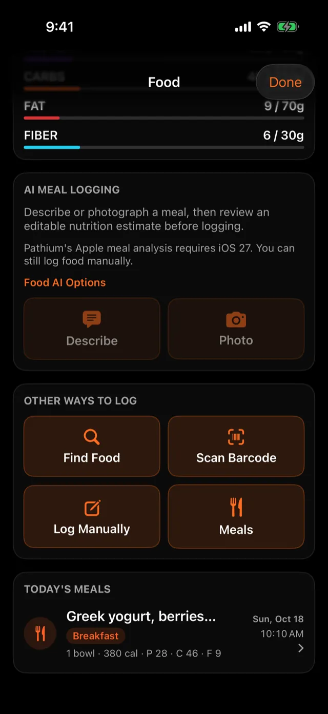 Other ways to log, and TODAY'S MEALS at the bottom.