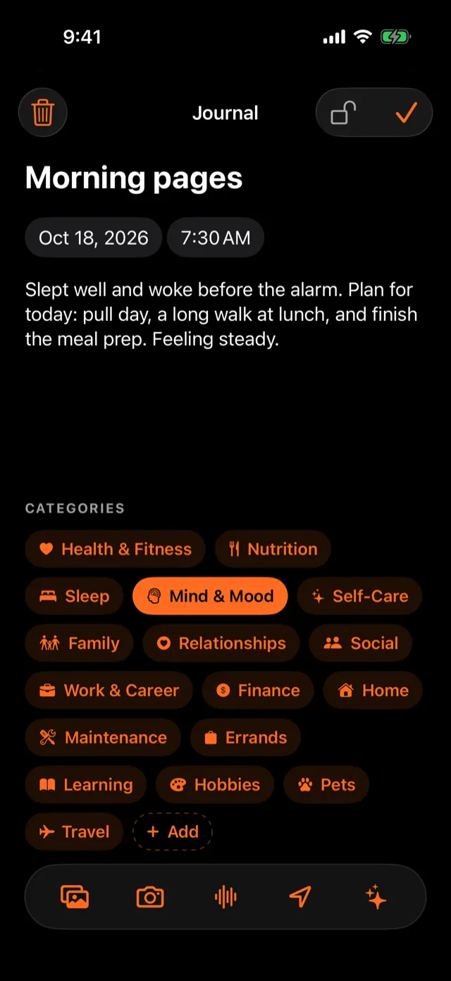 A journal entry: title, date, text, categories, and the attachment bar.