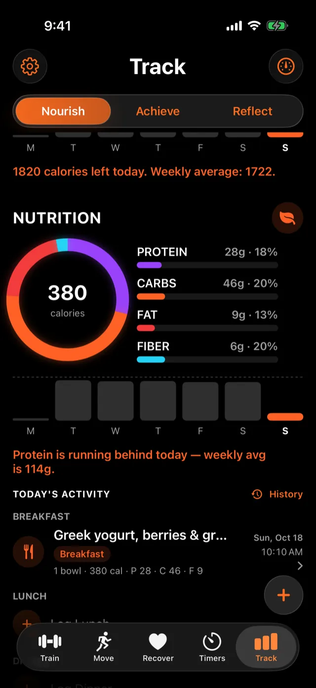 Calories, Nutrition, and Today's Activity further down.