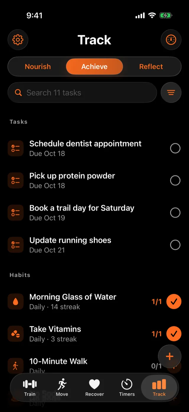 Tasks with due dates, then habits with streaks.