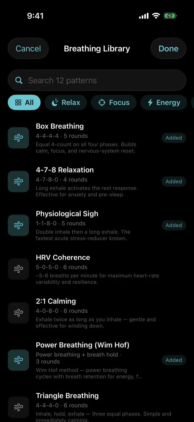 The Breathing Library, with 12 built-in patterns.