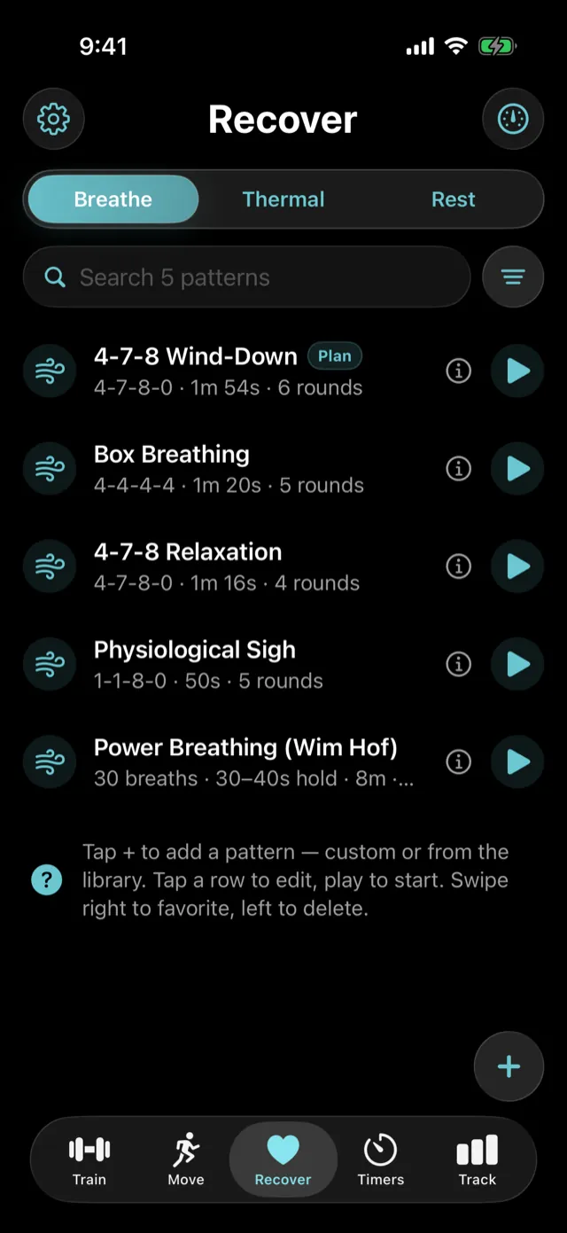 Recover → Breathe. A Plan badge marks a pattern that belongs to one of your plans.
