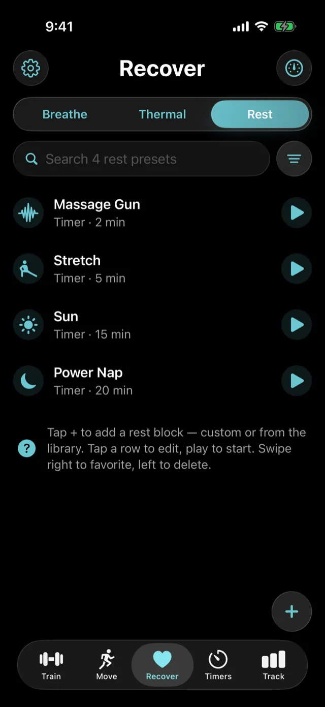Recover → Rest, with four timer presets.