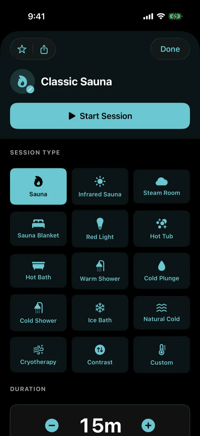The Session Type grid on a Sauna session.