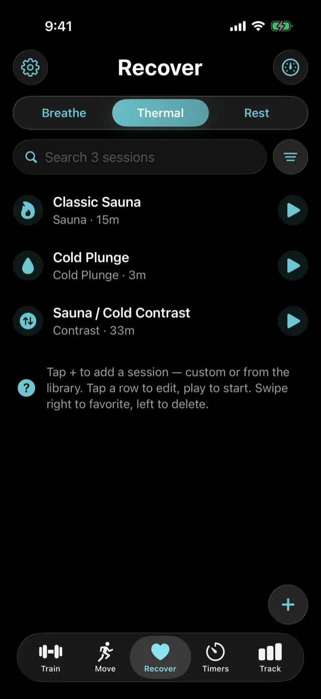 Recover → Thermal, with a sauna, a cold plunge, and a contrast session.