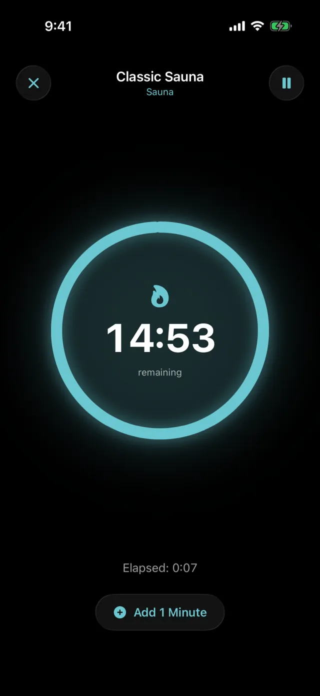A running sauna session: time remaining in the ring, elapsed time below.