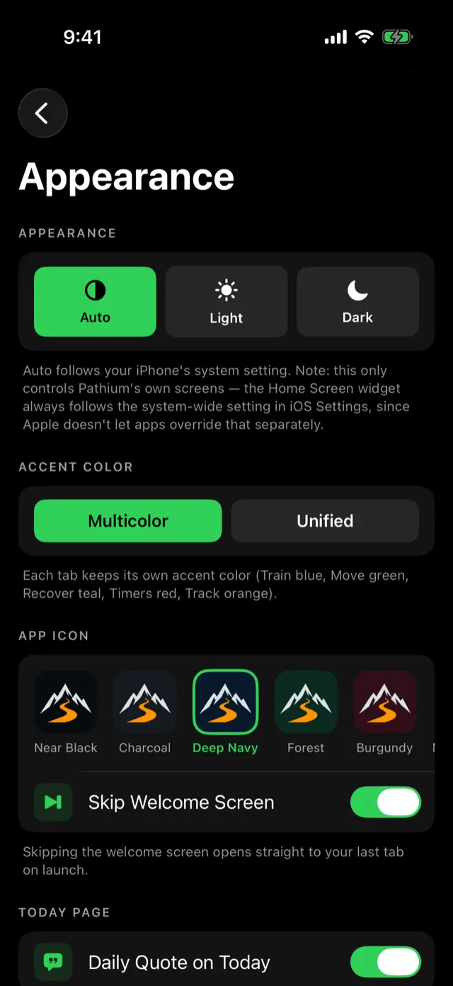 Appearance, with Accent Color and App Icon.