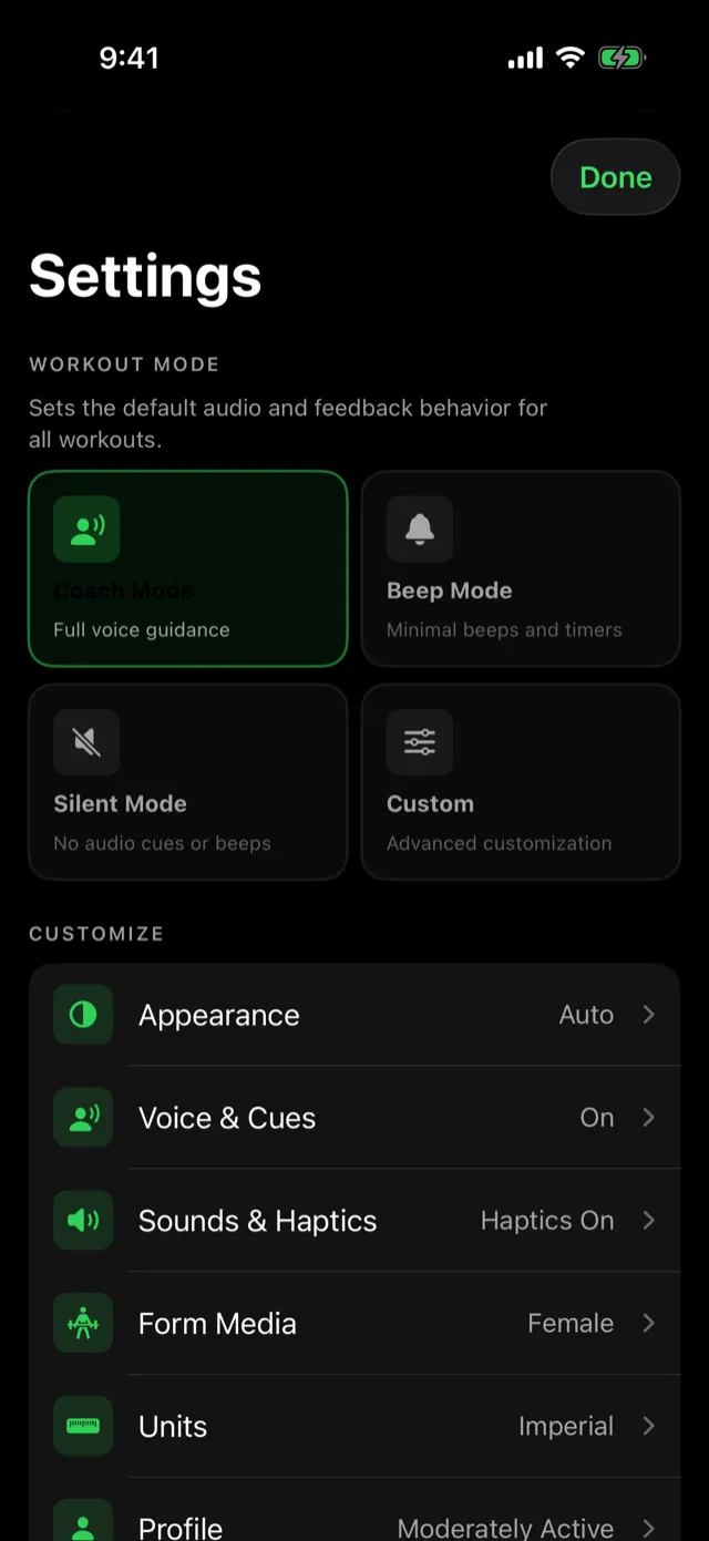 Settings, with Workout Mode and Customize.
