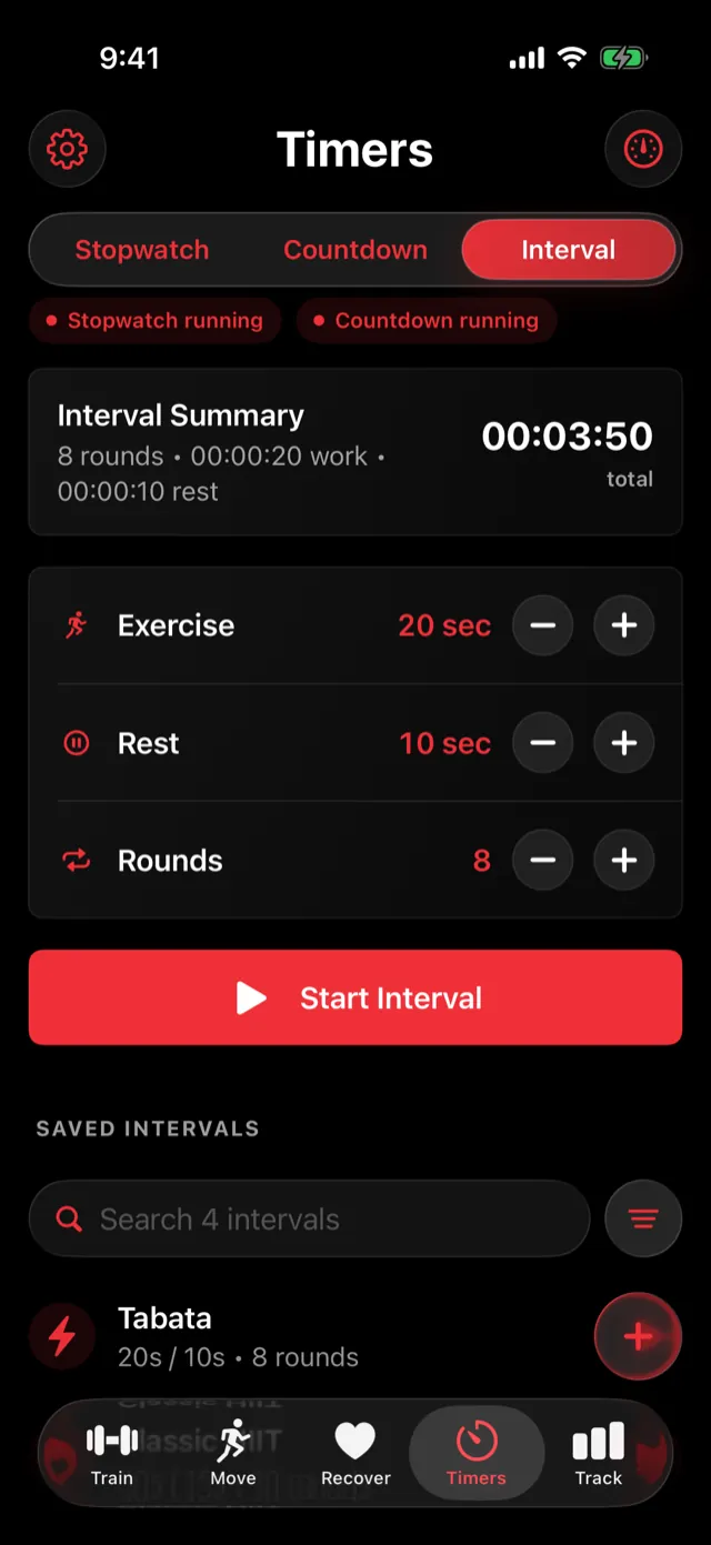 Interval setup: 8 rounds of 20 seconds work and 10 seconds rest.
