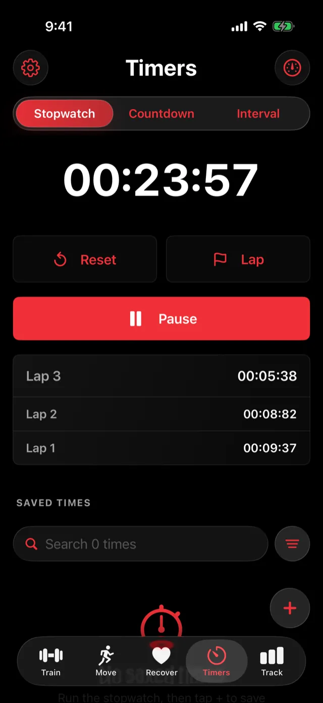 A running stopwatch with two recorded laps.