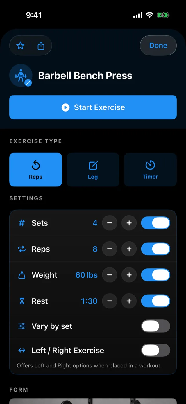 The exercise editor: star, share, and Done in the header; settings below.