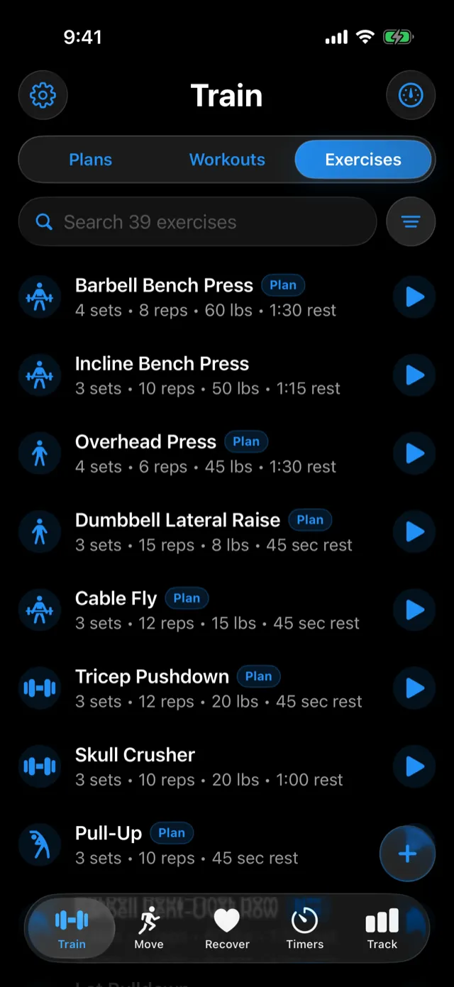 The Exercises tab, with search, filters, and the + button.