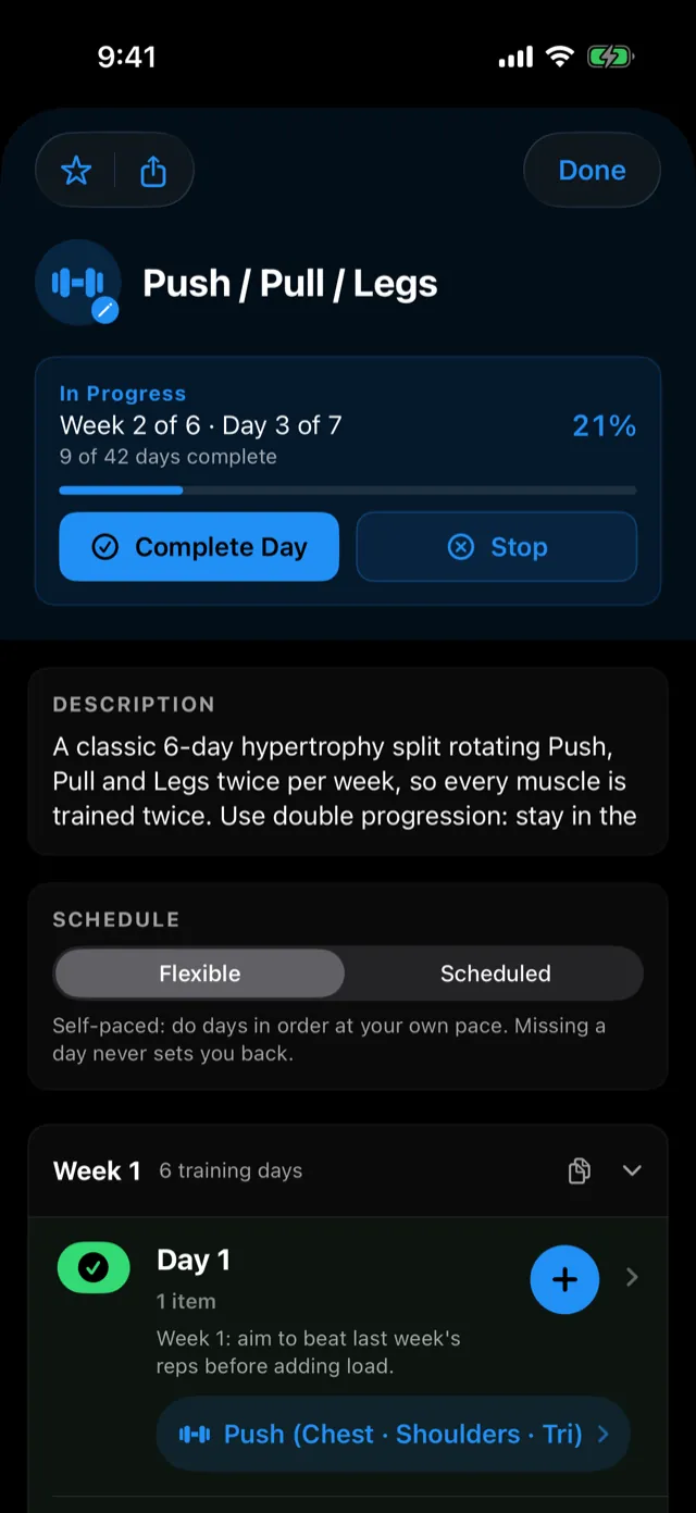 A plan in progress: Week 2 of 6, Day 3 of 7, with Complete Day and Stop.