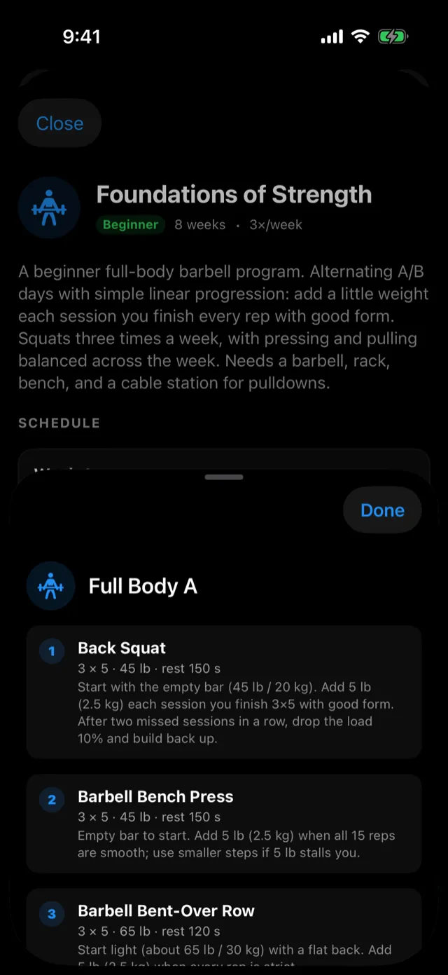 Tapping Full Body A lists its exercises. Done closes the sheet.