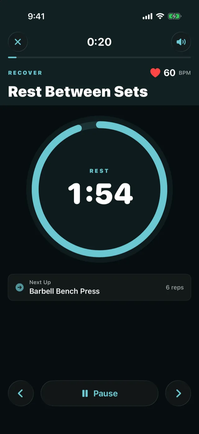 Rest Between Sets: a countdown ring, with the next exercise queued.