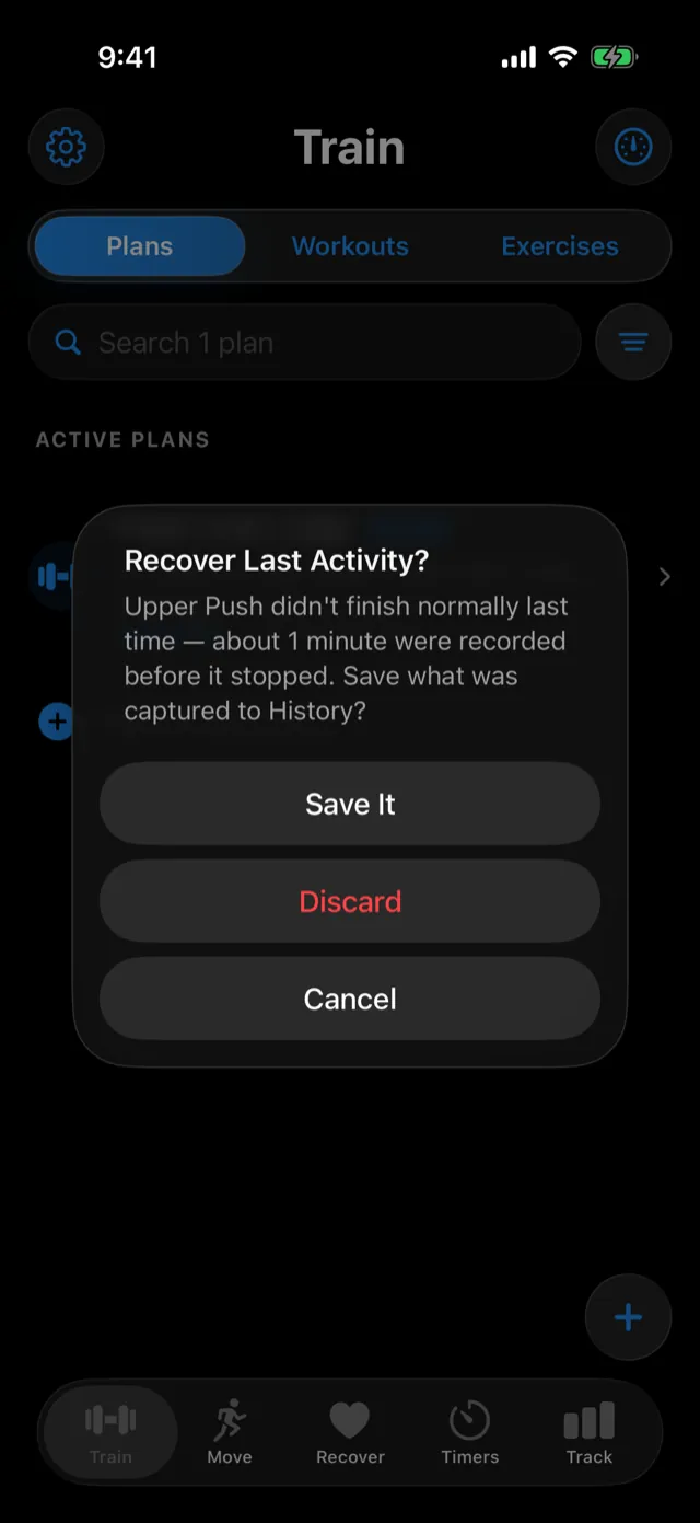 Recover Last Activity? appears after a workout ended unexpectedly.