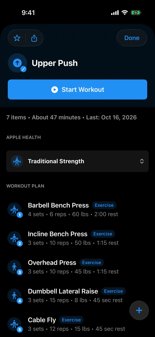 The workout editor with Start Workout in the header and the plan list below.