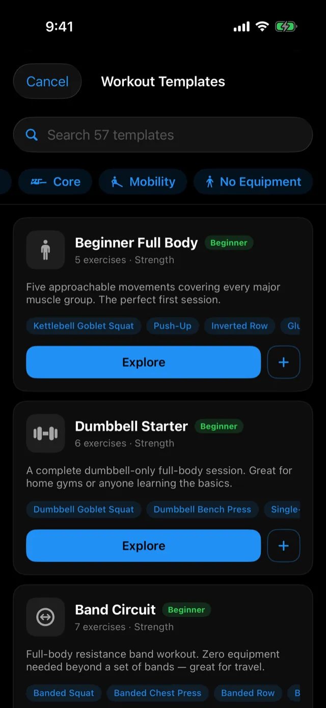 Workout Templates. No Equipment is the last chip.