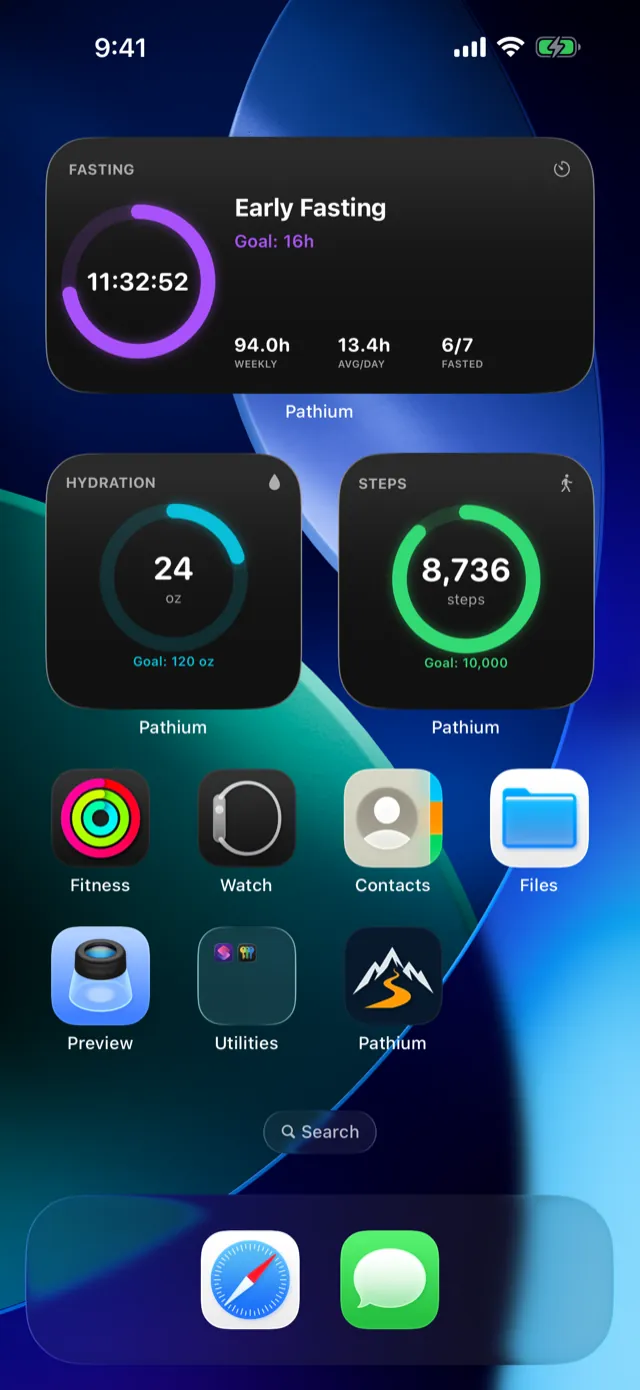 Fasting, Hydration, and Steps widgets on the Home Screen.
